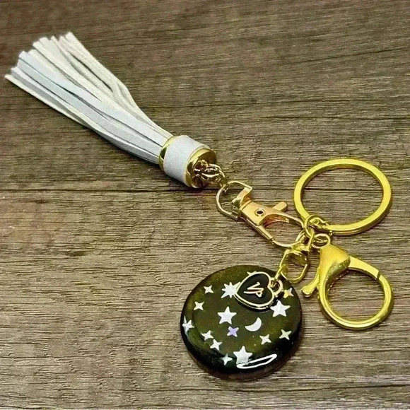 Hand Crafted Medallion Capricorn Charm and Gray Tassel Gold Tone Keychain - Picture 1 of 2